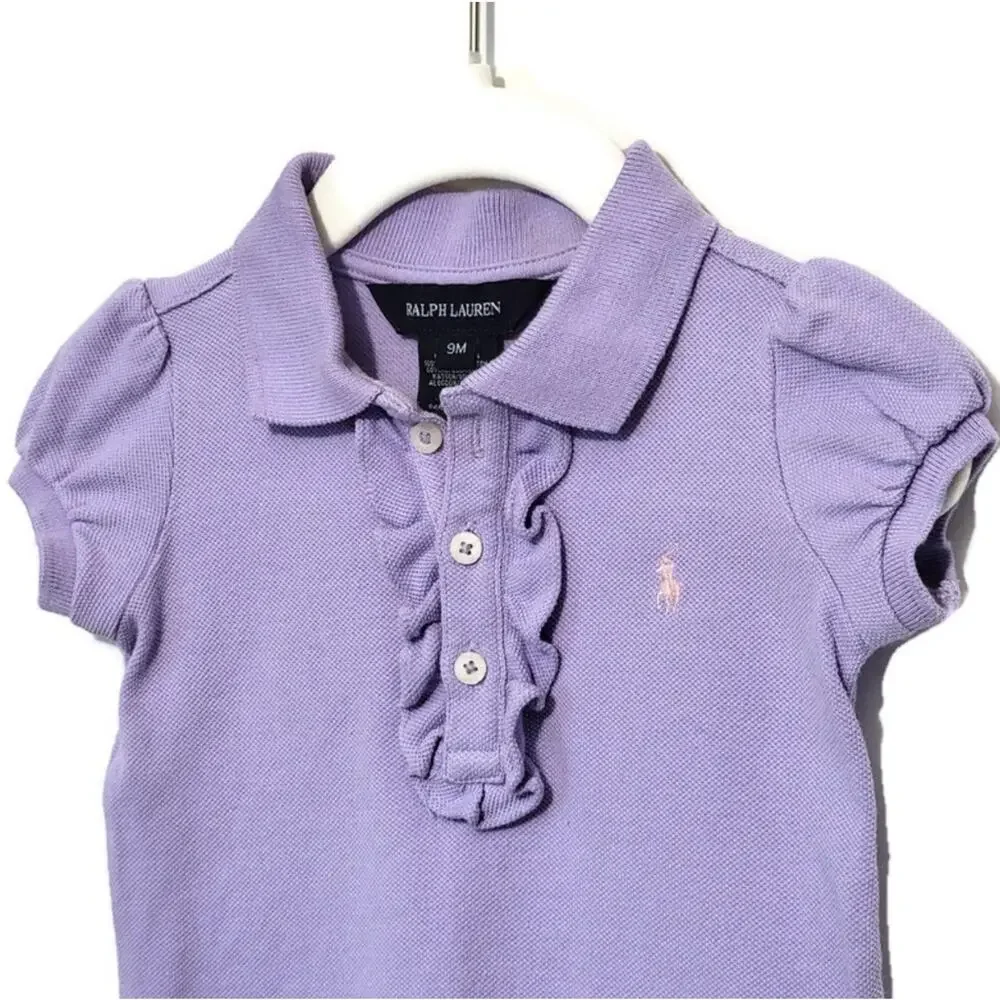 Ralph Lauren Girls Ruffle Polo Shirt Button Down Short Sleeve Purple 9M